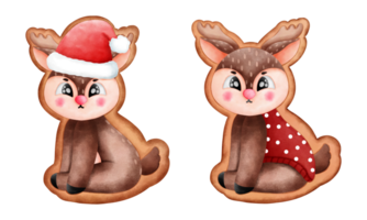 Set of watercolor christmas cookies of cute little reindeer with beanie hat and clothes clipart. png