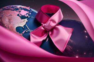 AI generated a pink ribbon is on top of a globe with a glowing background photo