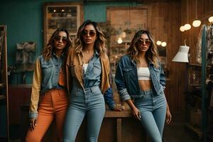 AI generated The studio is filled with energy as three beautiful women in casual jeans clothes strike a pose, their sunglasses adding a touch of sexiness to the scene photo