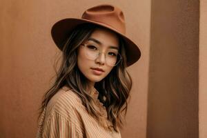 ai generado retrato de joven elegante niña modelo en casual verano ropa en marrón sombrero con natural maquillaje en lentes aislar foto