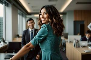 AI generated Smiling confident business leader looking at camera and standing in an office at team meeting. photo