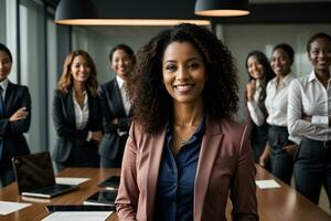 AI generated Smiling confident business leader looking at camera and standing in an office at team meeting photo