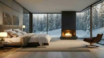 AI Generated Nestled in a snug, contemporary room, a blazing fireplace radiates warmth, enhancing the inviting atmosphere. video