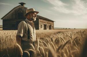 AI generated Farmer standing in golden wheat field. Generate ai photo