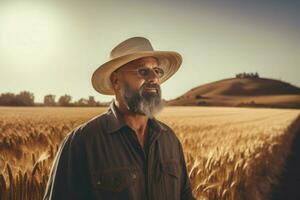 AI generated Farmer with hat standing in ripe wheat field. Generate ai photo