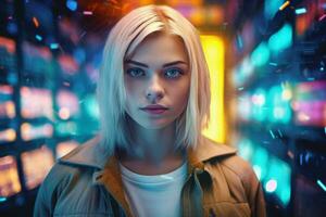 AI generated Future blond woman in neon colorful room. Generate ai photo