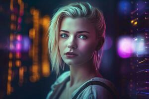 AI generated Future blond woman in vibrant colorful illumination. Generate ai photo