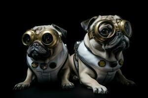 AI generated Futuristic pug dogs pet wearing inventive goggles. Generate ai photo