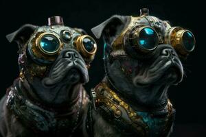 AI generated Futuristic pug dogs with progressive goggles. Generate ai photo
