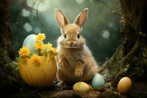 AI generated Little Easter rabbit on eggs hunting. Generate ai photo