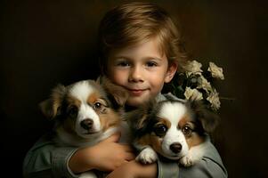 AI generated Innocent Little boy cute puppy. Generate Ai photo