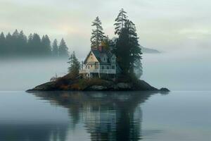 AI generated Expansive House island foggy lake. Generate Ai photo