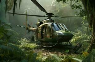 ai generado helicóptero aplastada selva. generar ai foto