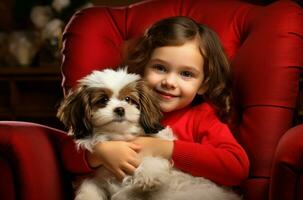 ai generado pequeño niño con linda perrito en sillón. generar ai foto