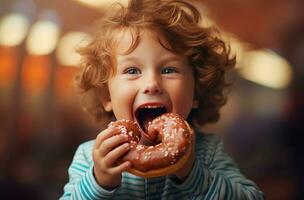 ai generado alegre contento chico comer rosquilla. generar ai foto