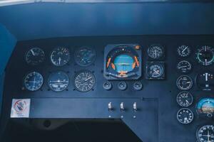 inside a big jet flying plane cockpit,flying above clouds photo