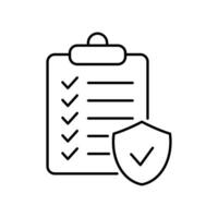 Clipboard icon with a shield and a check mark. Insurance policy icon, vector icon isolated on white background.