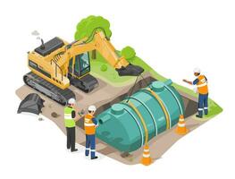 engineer work with worker to install wastewater treatment system tank building construction concept isometric isolated cartoon vector