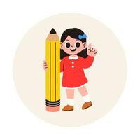 linda niña con gigante lápiz colegio suministro vector