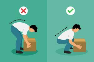 Lifting technique ergonomic for correct posture preventing back pain. Flat design illustration. vector