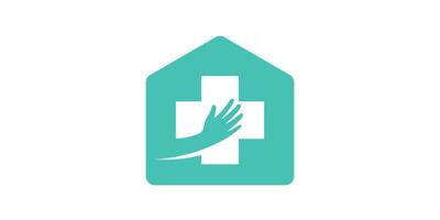 logo design combination of house shape with plus sign and hand, icon, vector symbol.