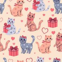 Seamless pattern for Valentine's Day with cute spotted cats. Vector graphics.