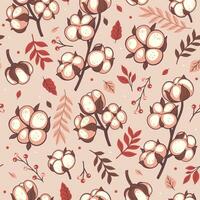 Seamless pattern with cotton twigs, leaves, berries. Vector graphics.