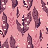 Seamless spring pattern with lilies of the valley in pink tones. Vector graphics.