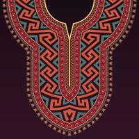 Colorful neck design in ancient Greece style with Greek key, geometric, and Egyptian lotus patterns on a dark purple background. vector