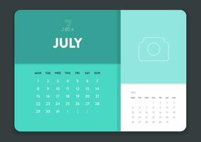 Creative minimal business monthly 2024 Calendar template vector. Desk, wall calendar for print, digital calendar or planner. Week start on Monday. Annual calendar layout design elements. 7 July. vector