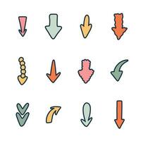 Cute hand drawn arrows set in doodle flat style. Collection of bold and funky arrows with outline in different shapes. Business arrow mark icons for web, banner, design isolated on white background. vector