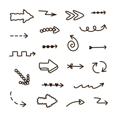 Cute hand drawn arrows set in doodle scribble style. Comic collection of freehand arrows, curved lines, swirls. Business arrow mark icons for web, banner, design isolated on white background.