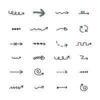 Cute hand drawn arrows set in doodle scribble style. Funny collection of freehand arrows, curved lines, swirls. Business arrow mark icons for web, banner, design isolated on white background vector