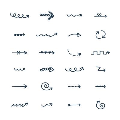Cute hand drawn arrows set in doodle scribble style. Funny collection of freehand arrows, curved lines, swirls. Business arrow mark icons for web, banner, design isolated on white background