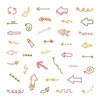 Cute arrows set in comic doodle style. Cartoon collection of arrows with hand drawn outline, curved lines, swirls in different directions. Business arrow mark icons isolated on white background vector