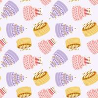 Seamless pattern with birthday cake with candles in cute doodle style. Childish design with holiday clipart for wrapping paper, print, fabric, scrapbook. Bright festive background for kids. vector