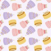 Seamless pattern with birthday cake with candles in cute doodle style. Childish design with holiday clipart for wrapping paper, print, fabric, scrapbook. Bright festive background for kids. vector