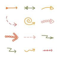 Cute hand drawn arrows set in doodle scribble style. Funny collection of freehand arrows, curved lines, swirls. Business arrow mark icons for web, banner, design isolated on white background vector