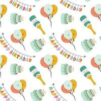 Seamless pattern with birthday garland, cake, balloon, champagne in cute doodle style. Childish design with holiday clipart for wrapping paper, print, fabric, scrapbook. Bright festive background. vector