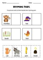 Find rhyming pairs. Educational worksheet. Cut and paste. vector