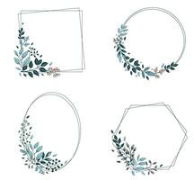 Set of monochrome botanical frames with leaves and berries. Vector floral border wreath for invitations, posters and wedding.