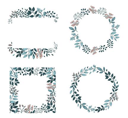 Set of botanical frames with leaves and berries for invitations, posters and wedding. Vector floral border wreath
