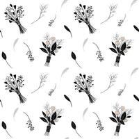 Seamless background with bouquets and leaves. Monochrome floral pattern. Hand drawn botanical wallpaper vector