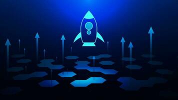 Business growth up concept with rocket ship launch, up arrow and hexagons. Business startup or business product on market background. Vector illustration.