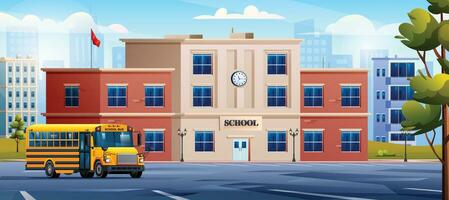 School building with yellow school bus on cityscape background. Vector cartoon illustration