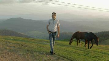 jung Mann ist Stehen im das Feld in der Nähe von Berge. hinter ihm Weiden lassen Pferde video