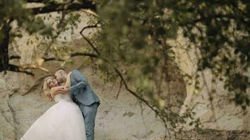 Wedding couple standing together on a mountainside. Newlyweds. Groom and bride video