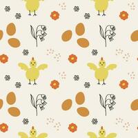 Easter seamless pattern cartoon style hand drawn vector illustration spring motif. Repeating background with chickens, Easter eggs on backdrop wild plants. For packing, paper, card, print, flyer