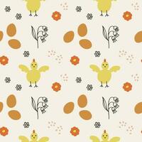 Easter seamless pattern cartoon style hand drawn vector illustration spring motif. Repeating background with chickens, Easter eggs on backdrop wild plants. For packing, paper, card, print, flyer