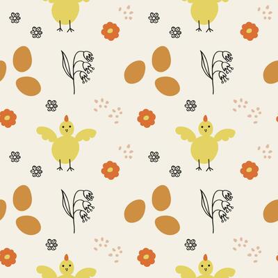 Easter seamless pattern cartoon style hand drawn vector illustration spring motif. Repeating background with chickens, Easter eggs on backdrop wild plants. For packing, paper, card, print, flyer